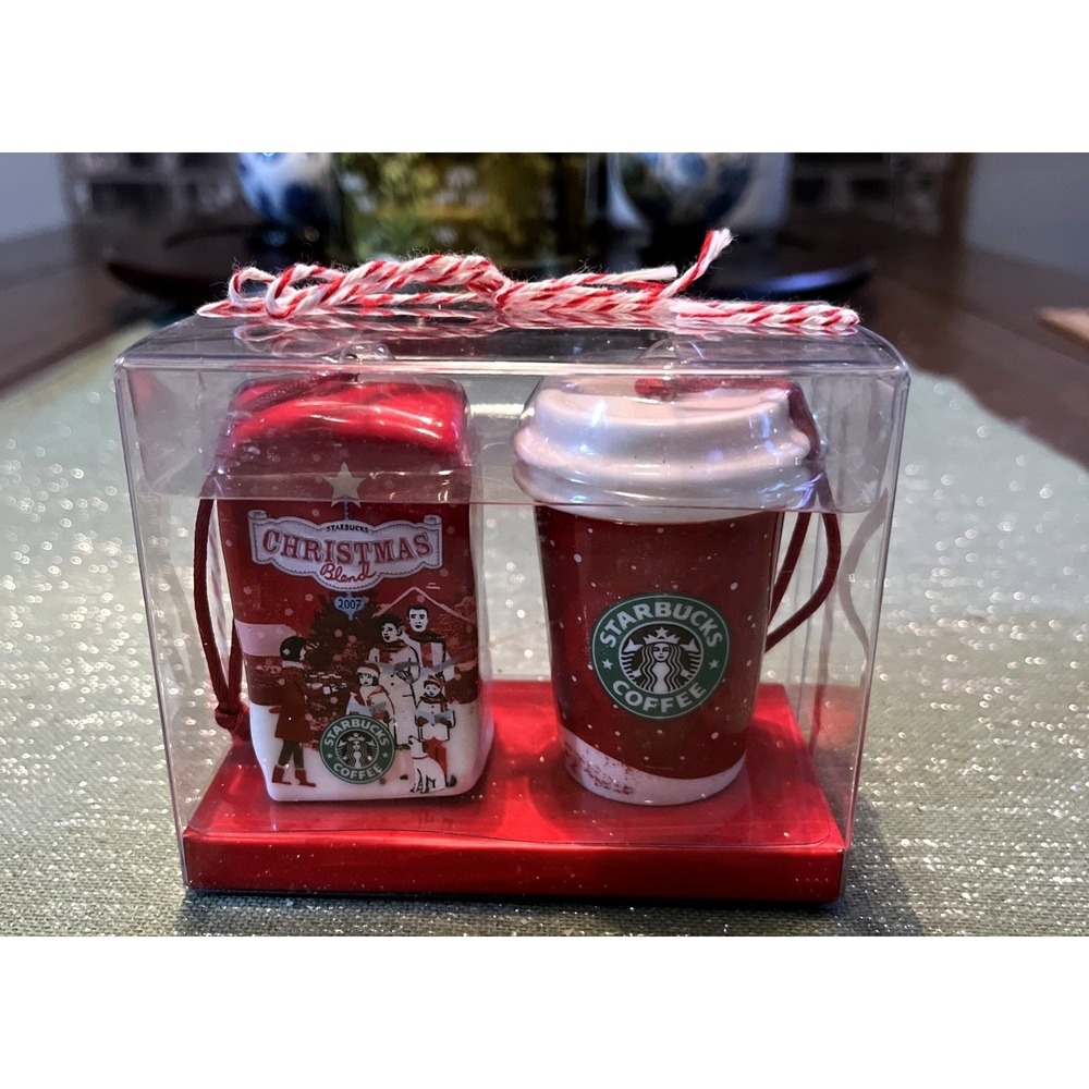 Starbucks 2007 Christmas Blend Coffee Ornament Set Of 2 Red Coffee Cup & Bag~New